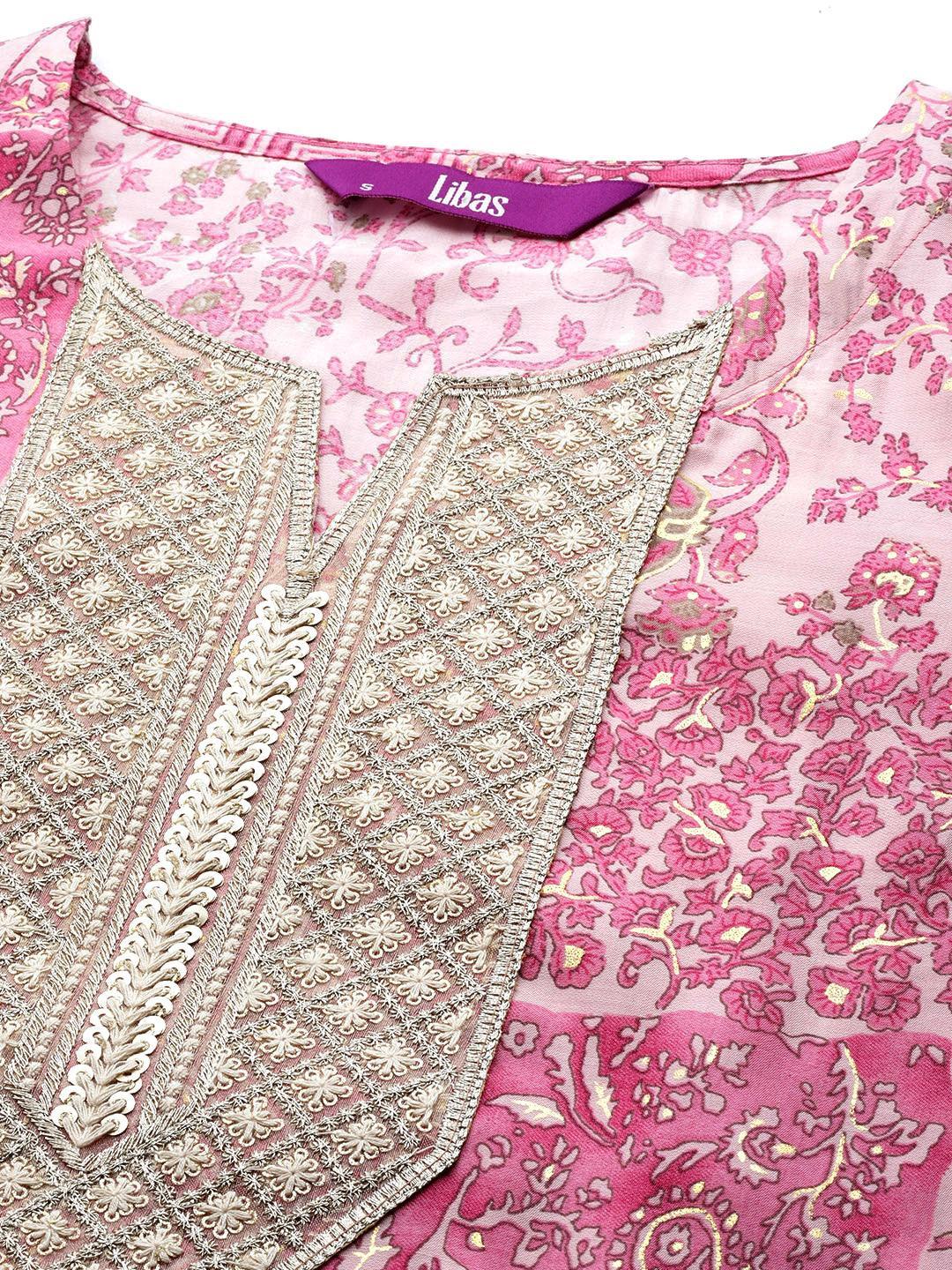 Pink Printed Silk Blend Straight Suit Set With Trousers - Libas 