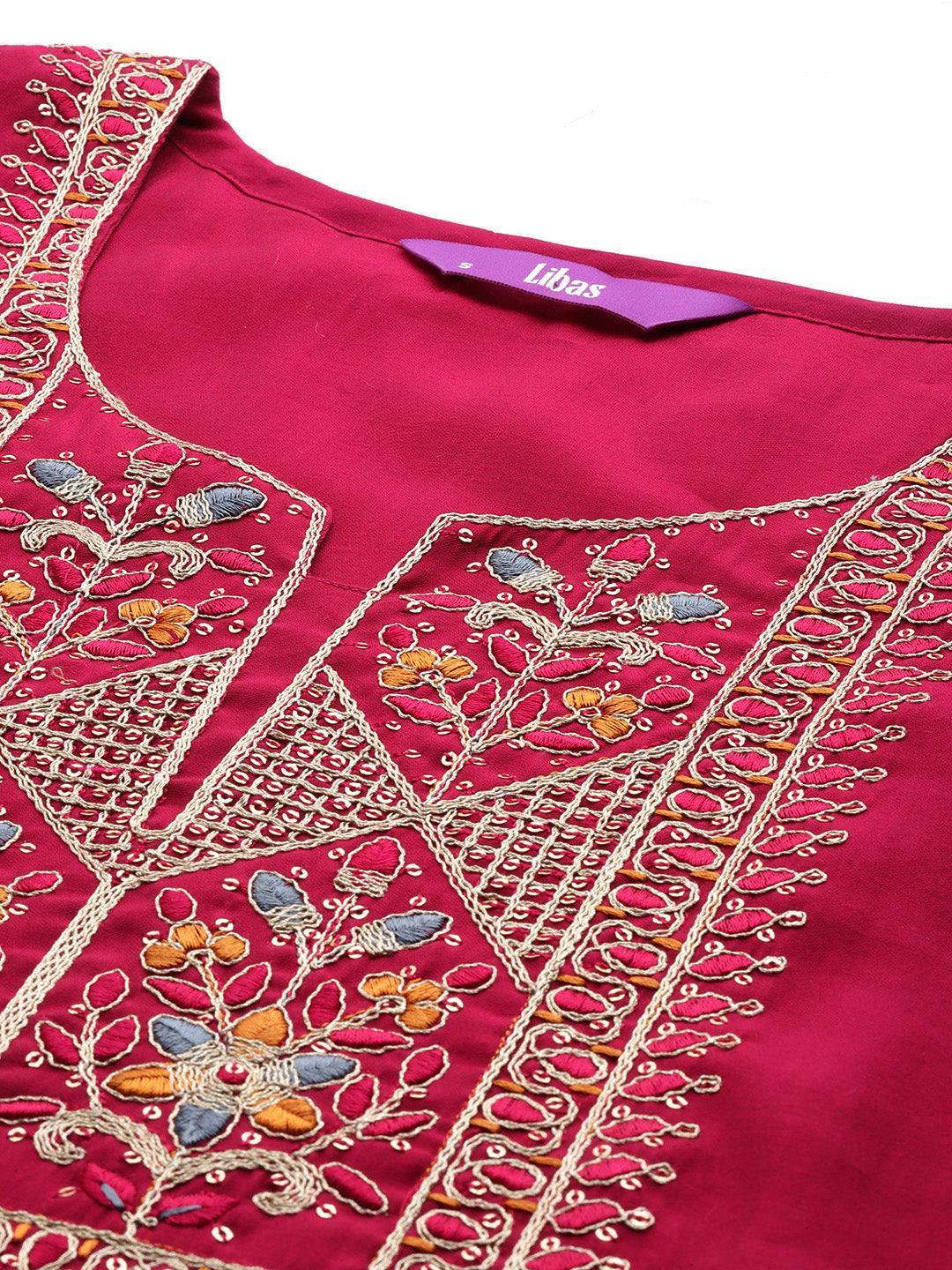 Pink Printed Silk Blend Straight Kurta With Trousers & Dupatta - Libas 