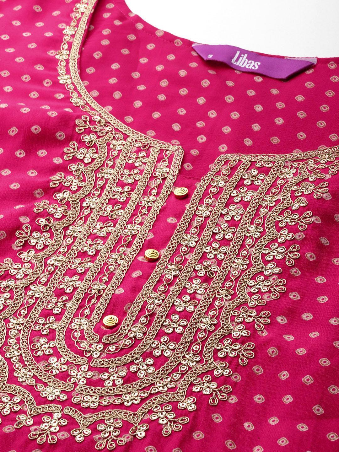 Pink Printed Silk Blend Straight Kurta With Trousers & Dupatta - Libas 