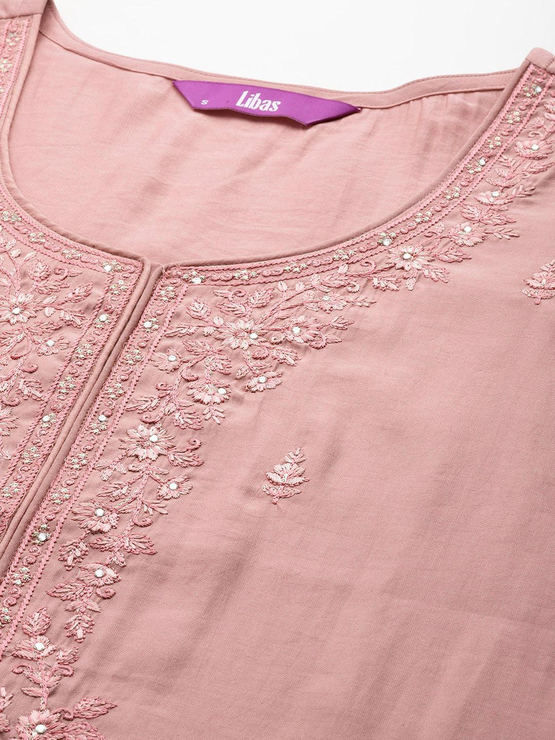Pink Printed Silk Blend Straight Kurta With Trousers & Dupatta - Libas 