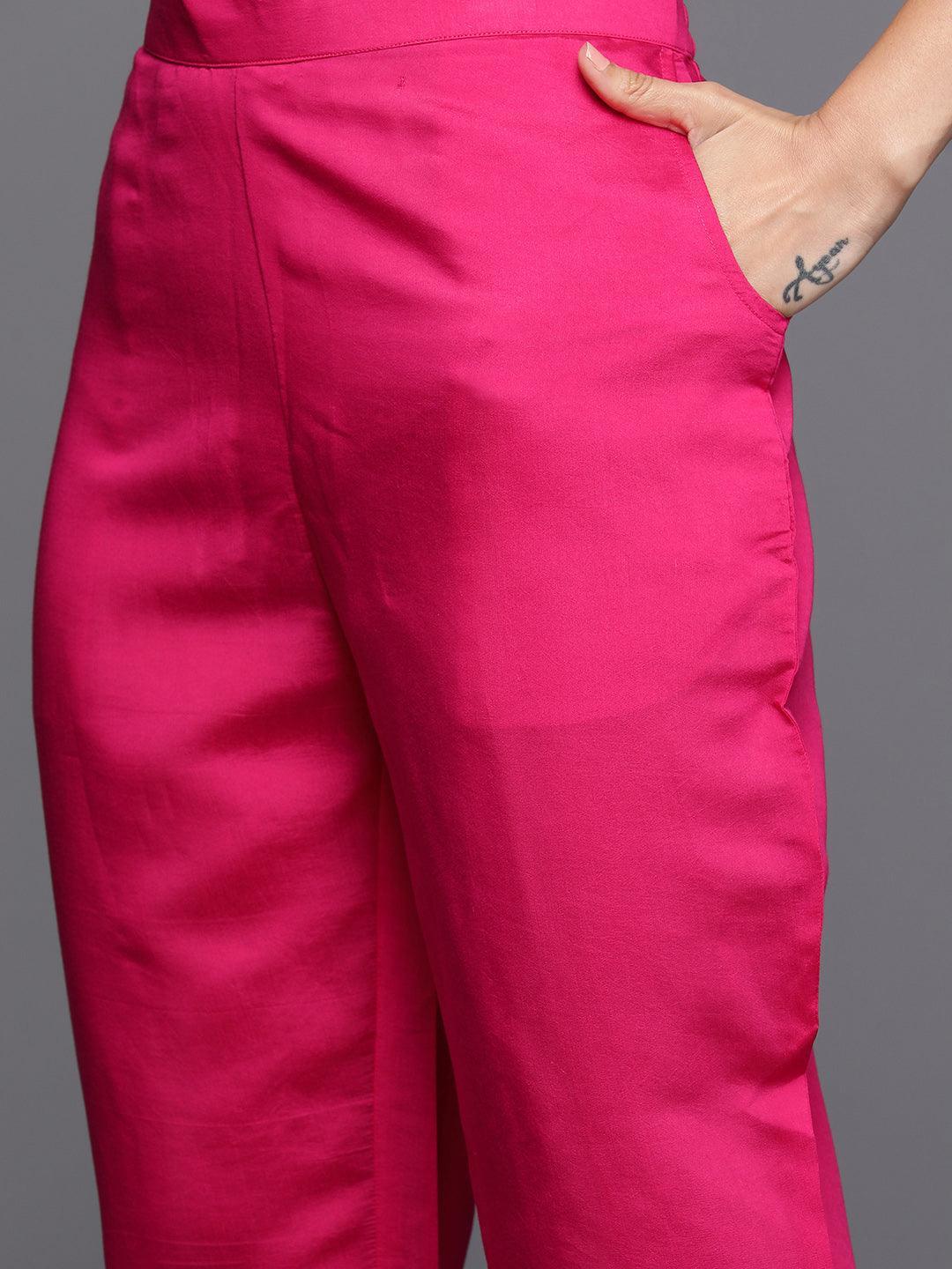 Pink Printed Silk Blend Straight Kurta With Trousers & Dupatta - Libas 