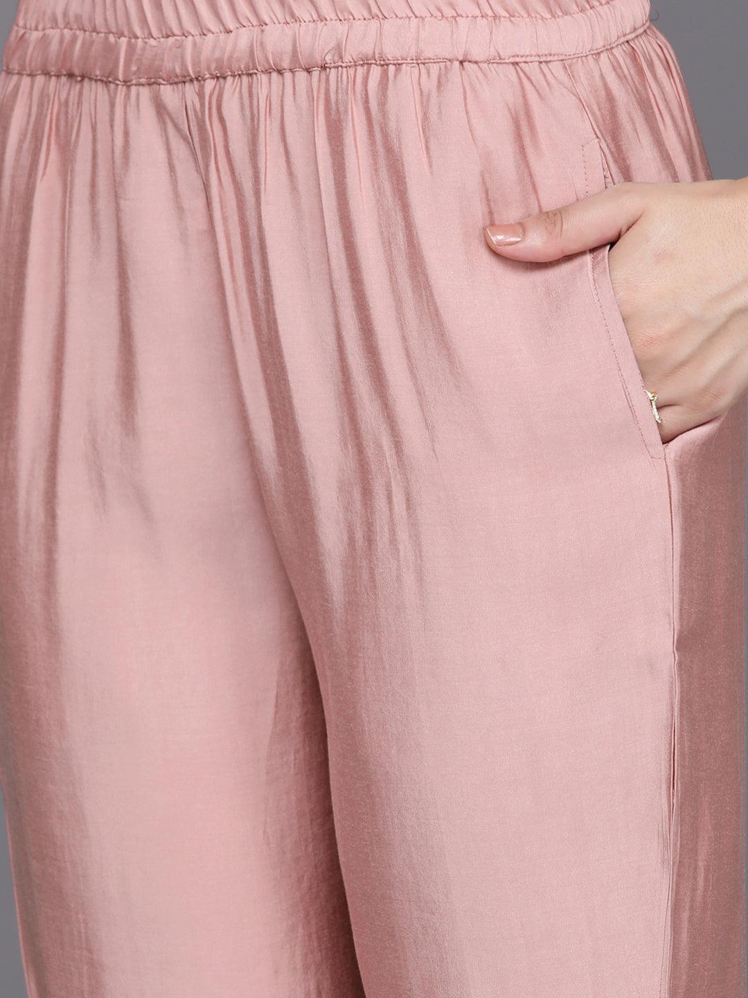 Pink Printed Silk Blend Straight Kurta With Trousers & Dupatta - Libas 
