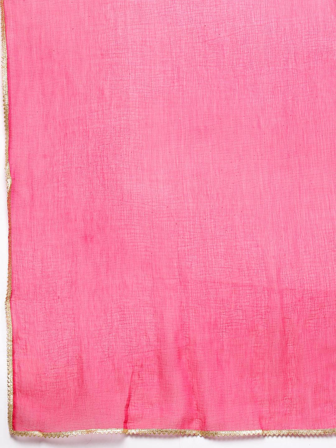 Pink Printed Silk Blend Straight Kurta With Trousers & Dupatta - Libas 