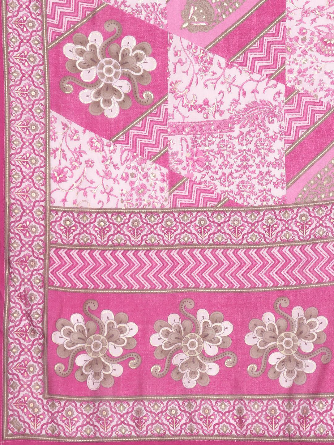 Pink Printed Silk Blend Straight Suit Set With Trousers - Libas 