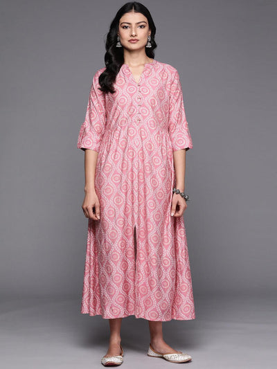 Pink Printed Silk Fit and Flare Dress - ShopLibas