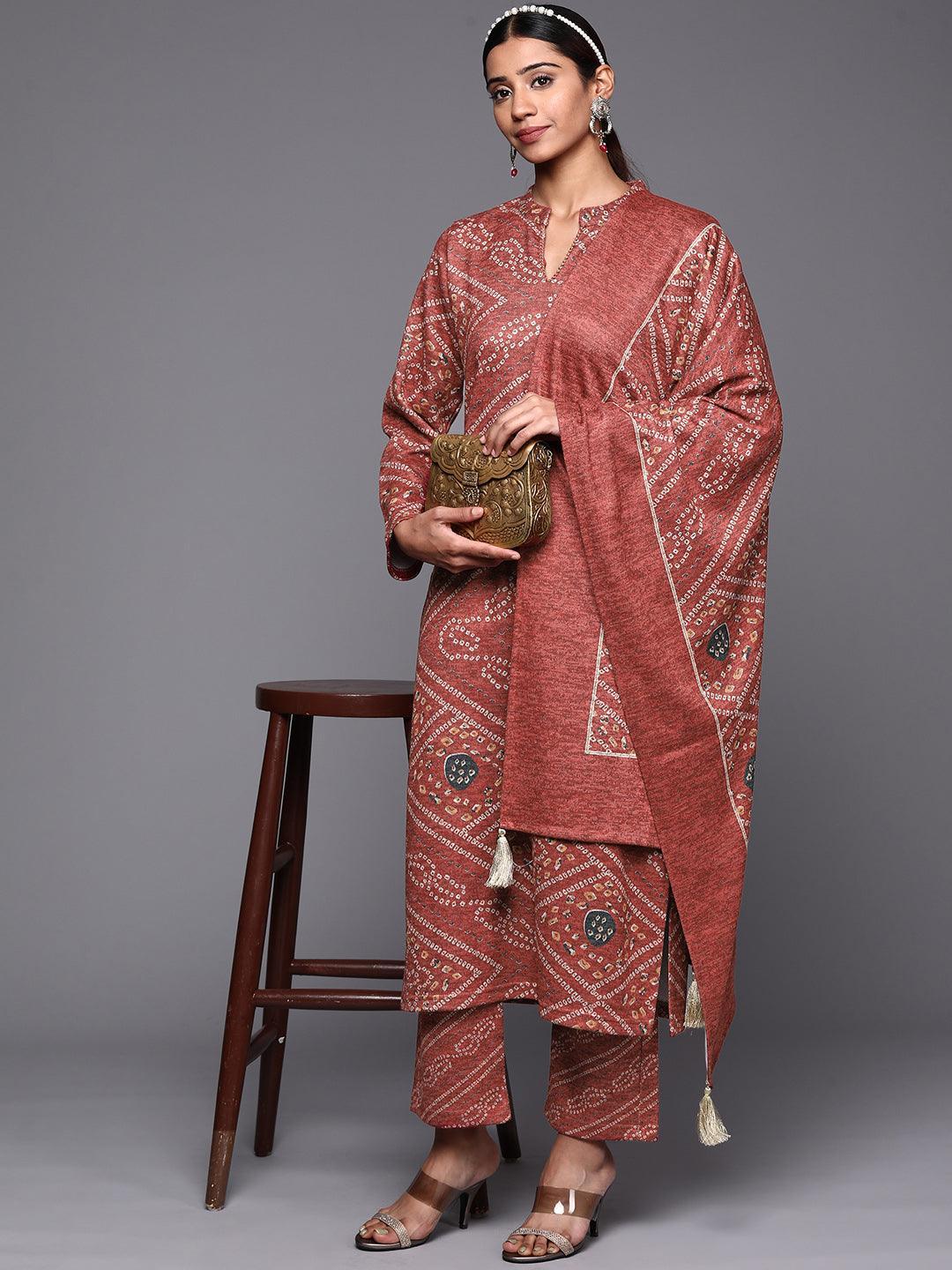 Pink Printed Wool Straight Suit Set - ShopLibas 