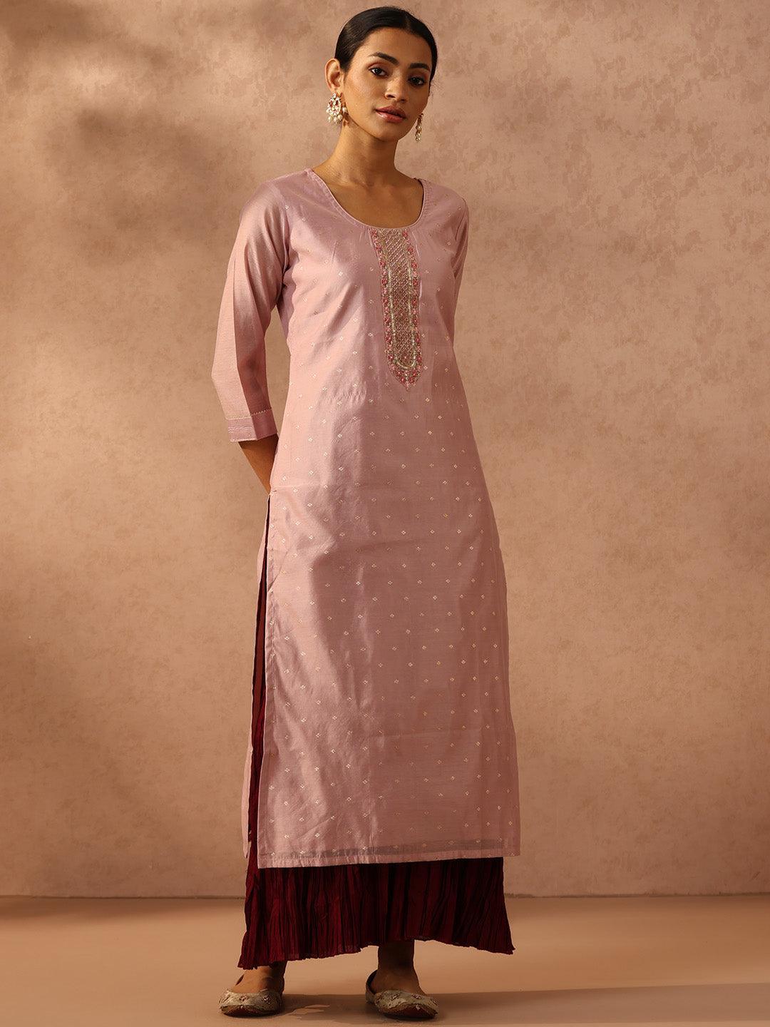 Pink Embellished Chanderi Silk Straight Kurta - ShopLibas 