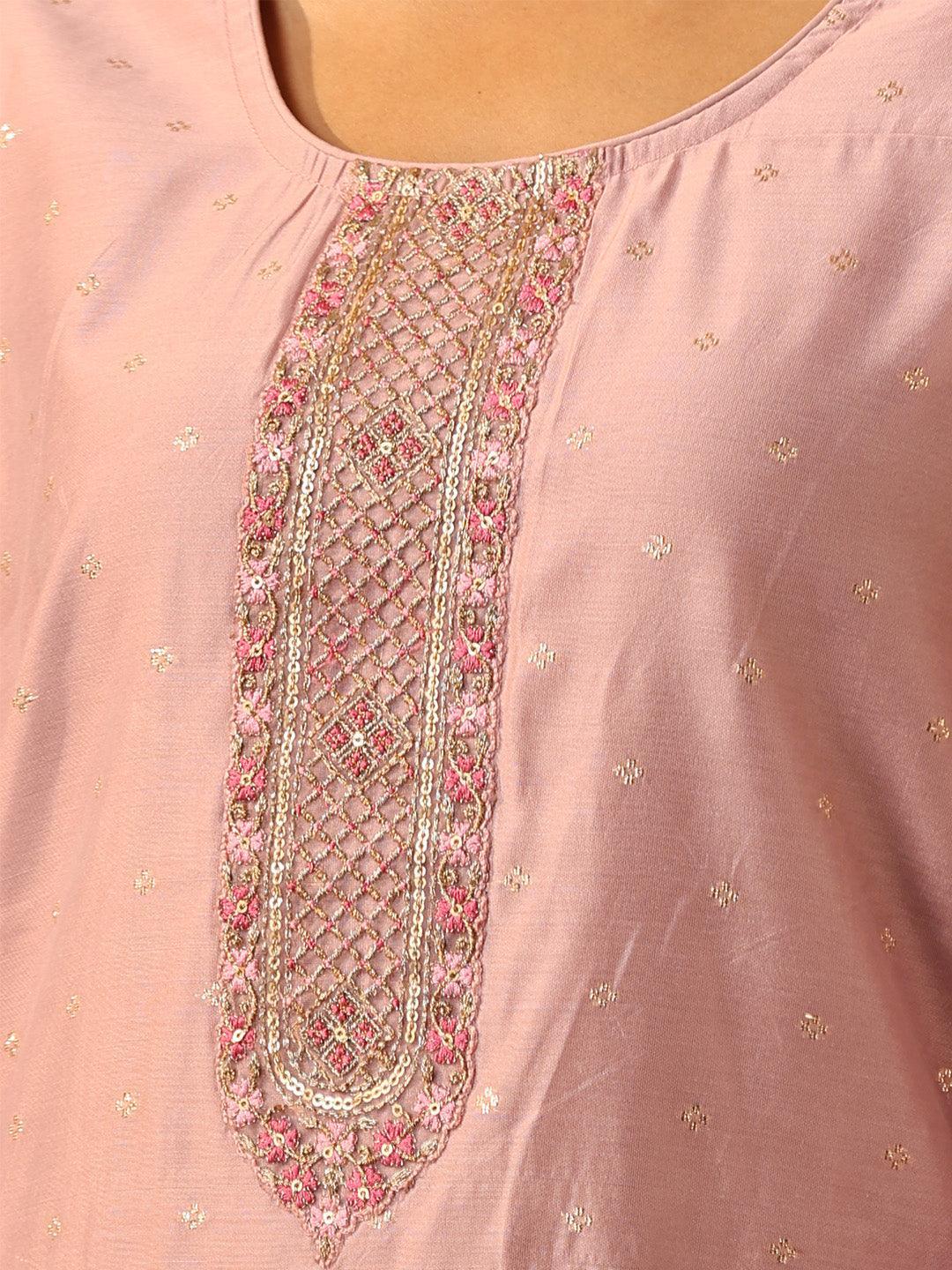 Pink Embellished Chanderi Silk Straight Kurta - ShopLibas