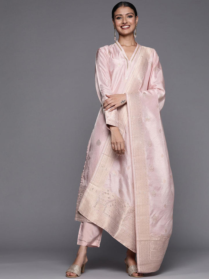 Pink Self Design Chanderi Silk Straight Suit Set - ShopLibas