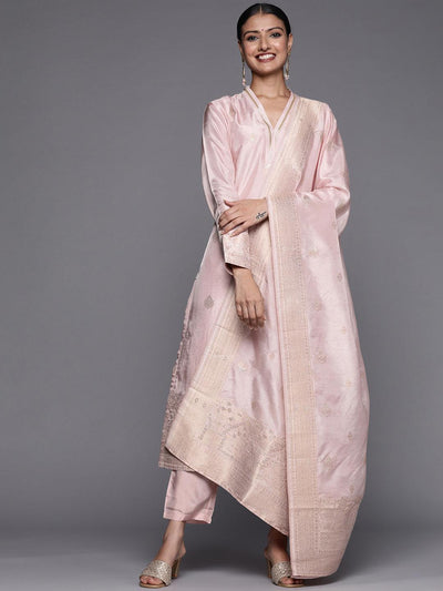 Pink Self Design Chanderi Silk Straight Suit Set - ShopLibas