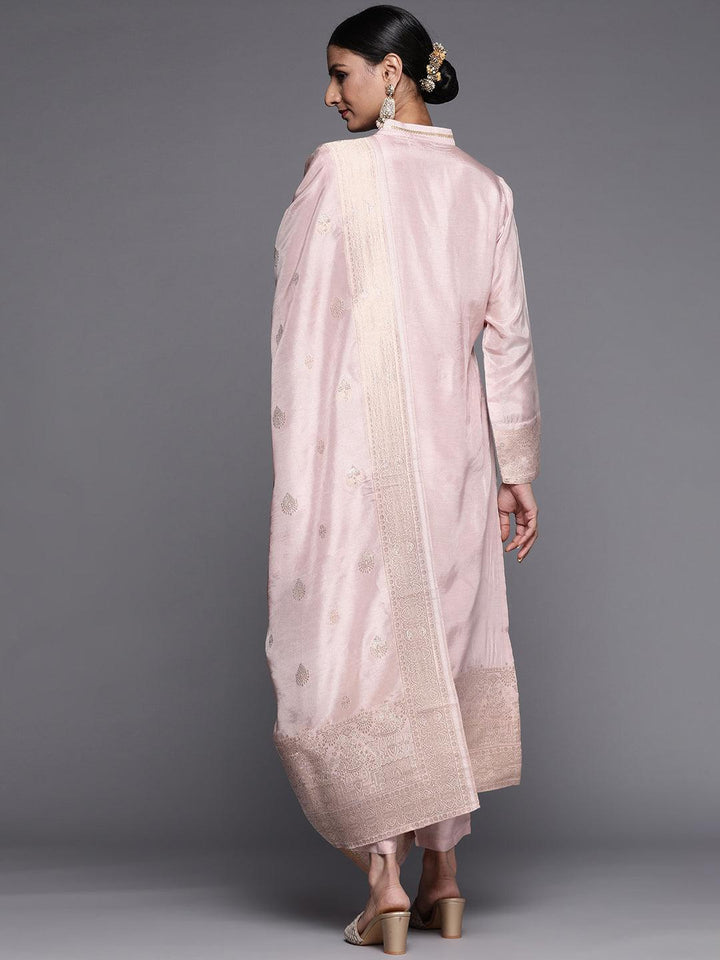 Pink Self Design Chanderi Silk Straight Suit Set - ShopLibas