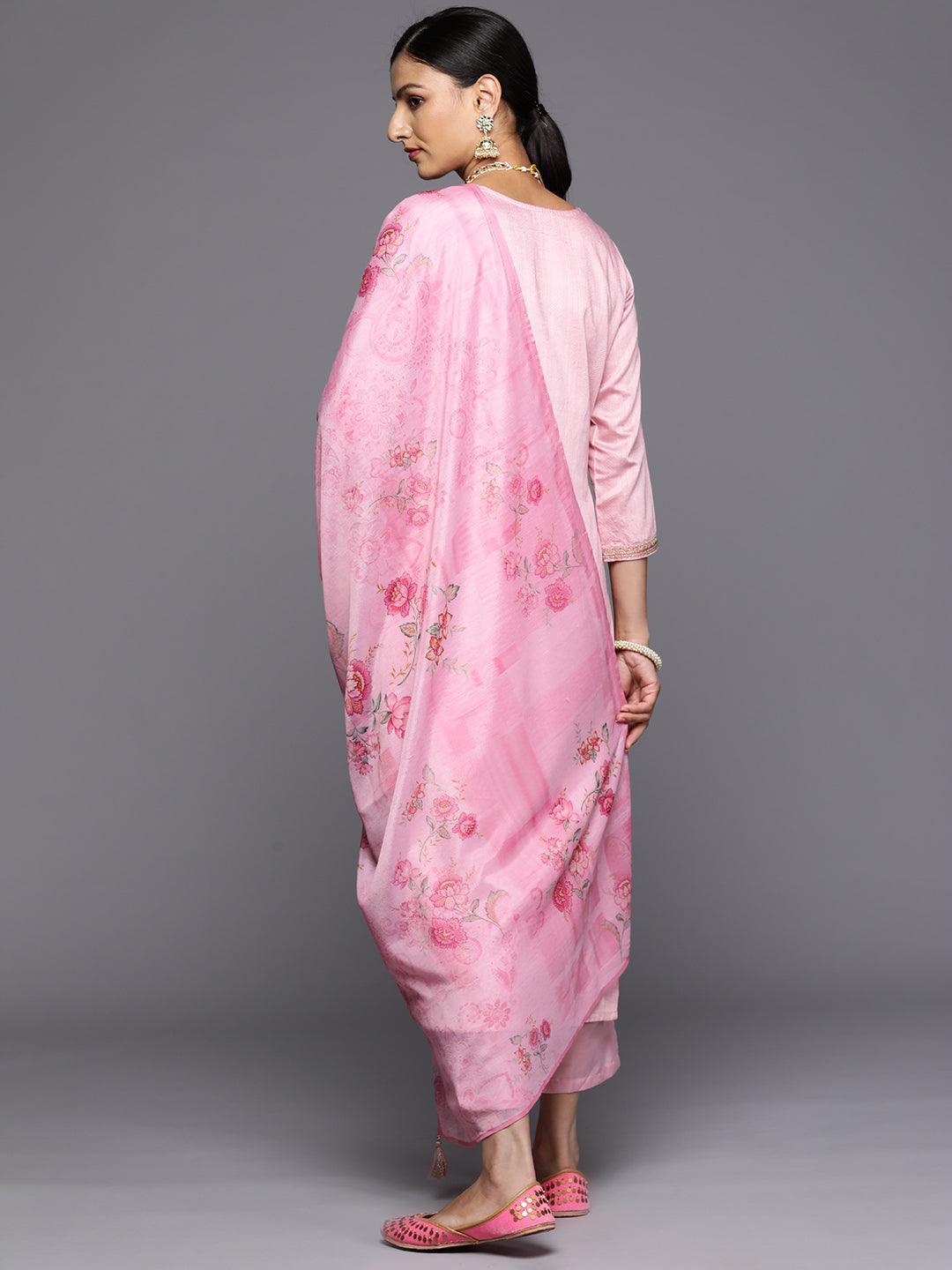 Pink Self Design Rayon Straight Kurta With Trousers & Dupatta - Libas 