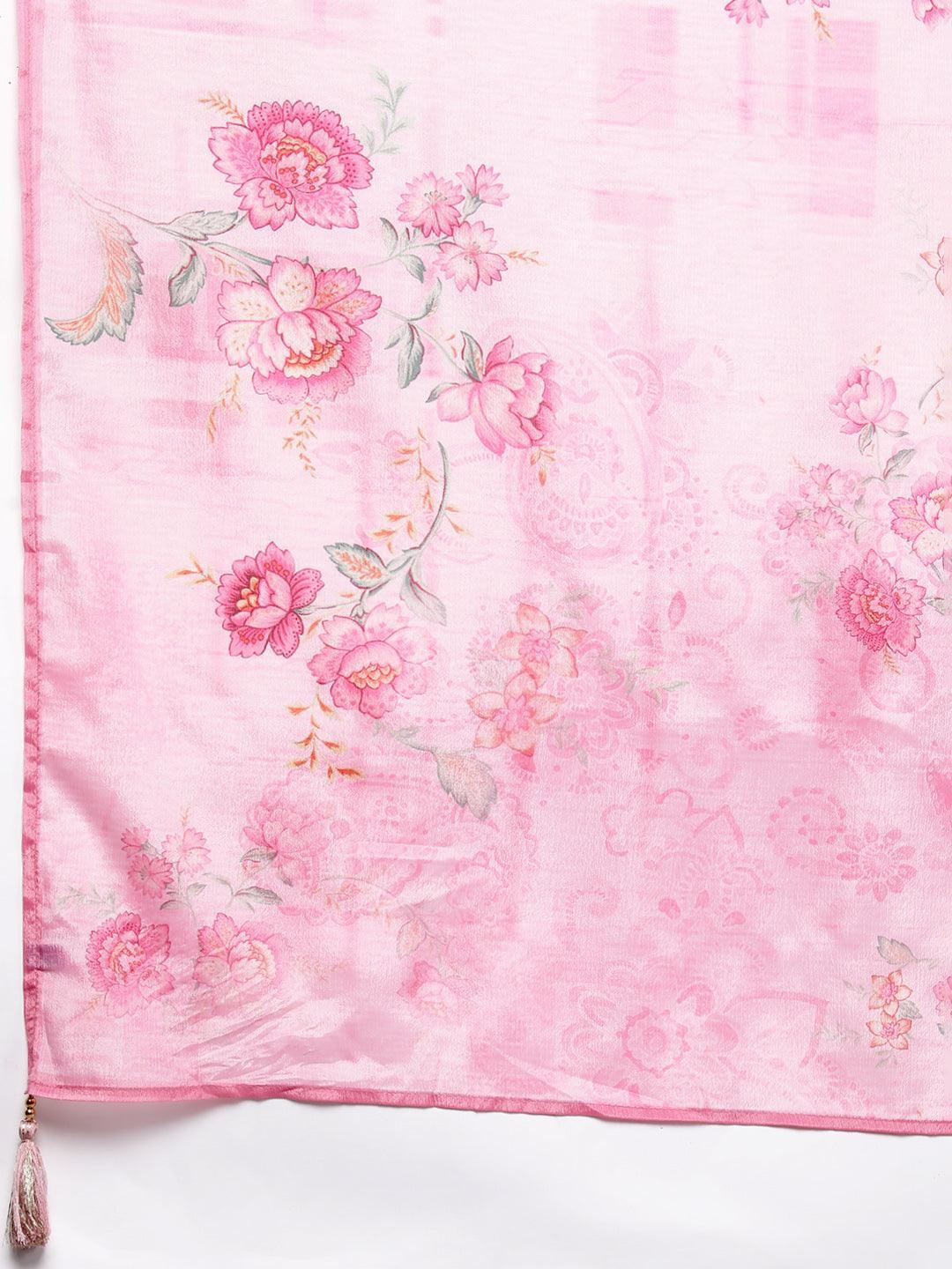 Pink Self Design Rayon Straight Kurta With Trousers & Dupatta - Libas 