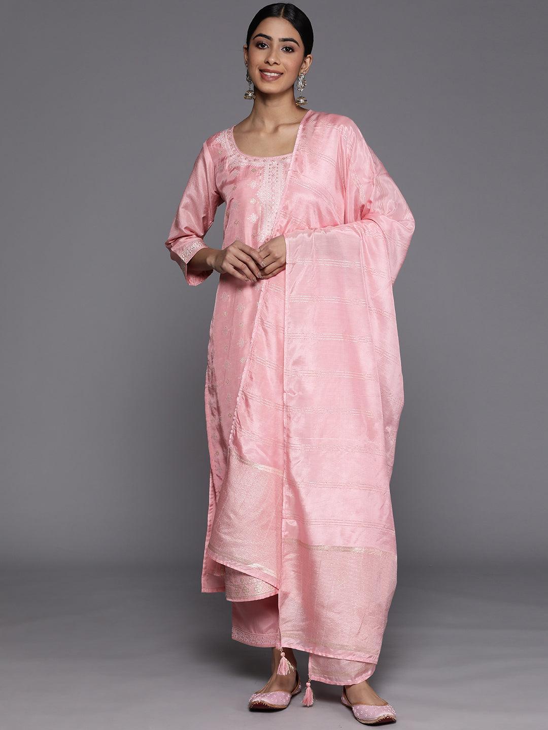 Pink Self Design Silk Blend Suit Set With Trousers - ShopLibas 