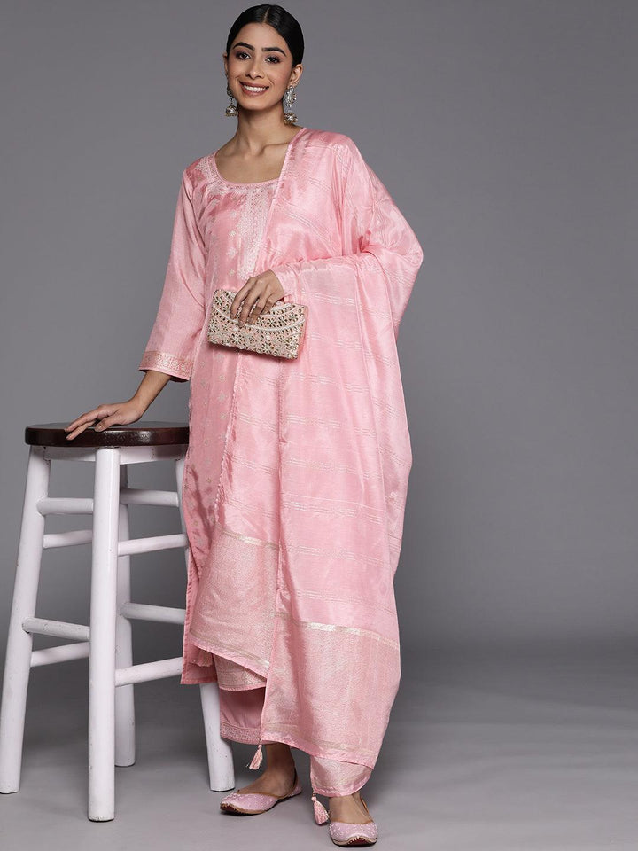 Pink Self Design Silk Blend Suit Set With Trousers