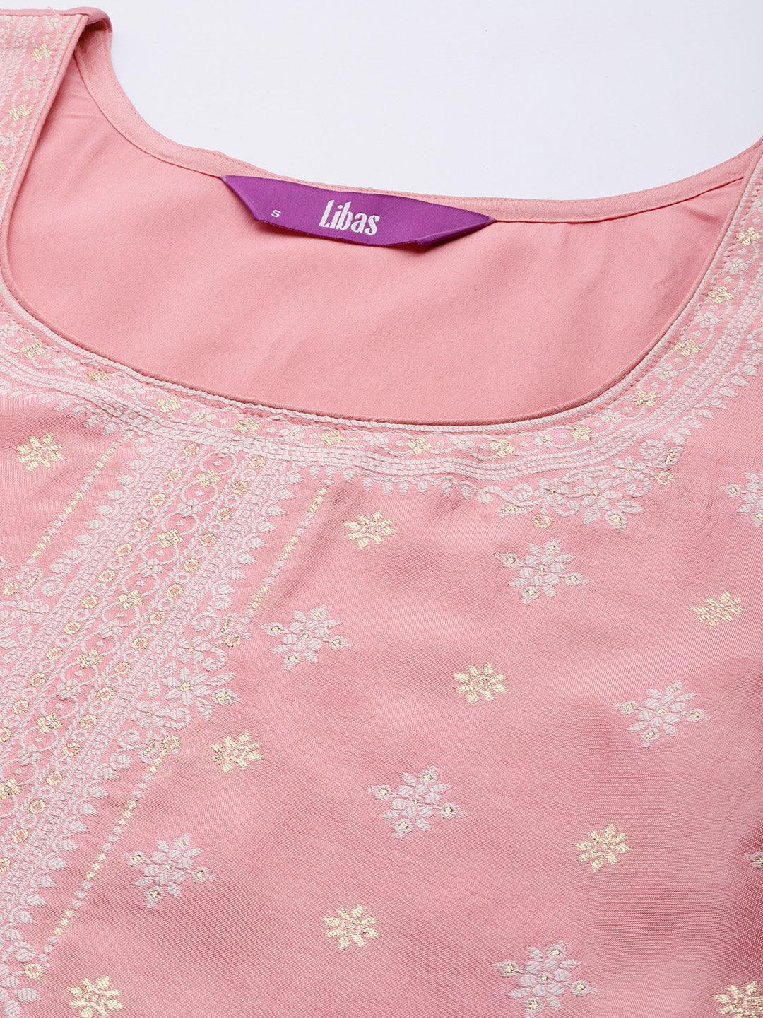 Pink Self Design Silk Blend Suit Set With Trousers - ShopLibas 