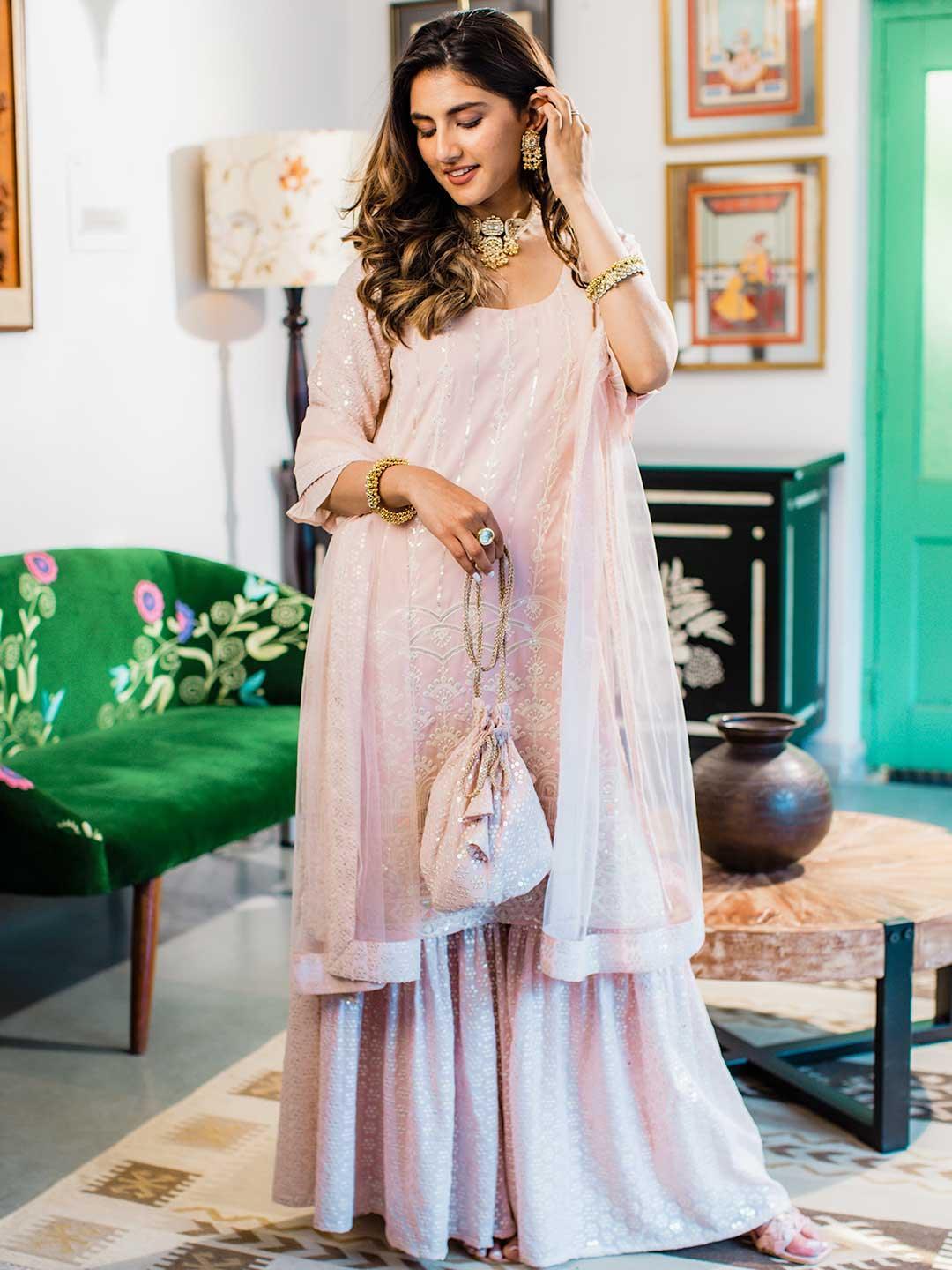 Pink Sequinned Georgette Straight Suit Set With Potli - ShopLibas
