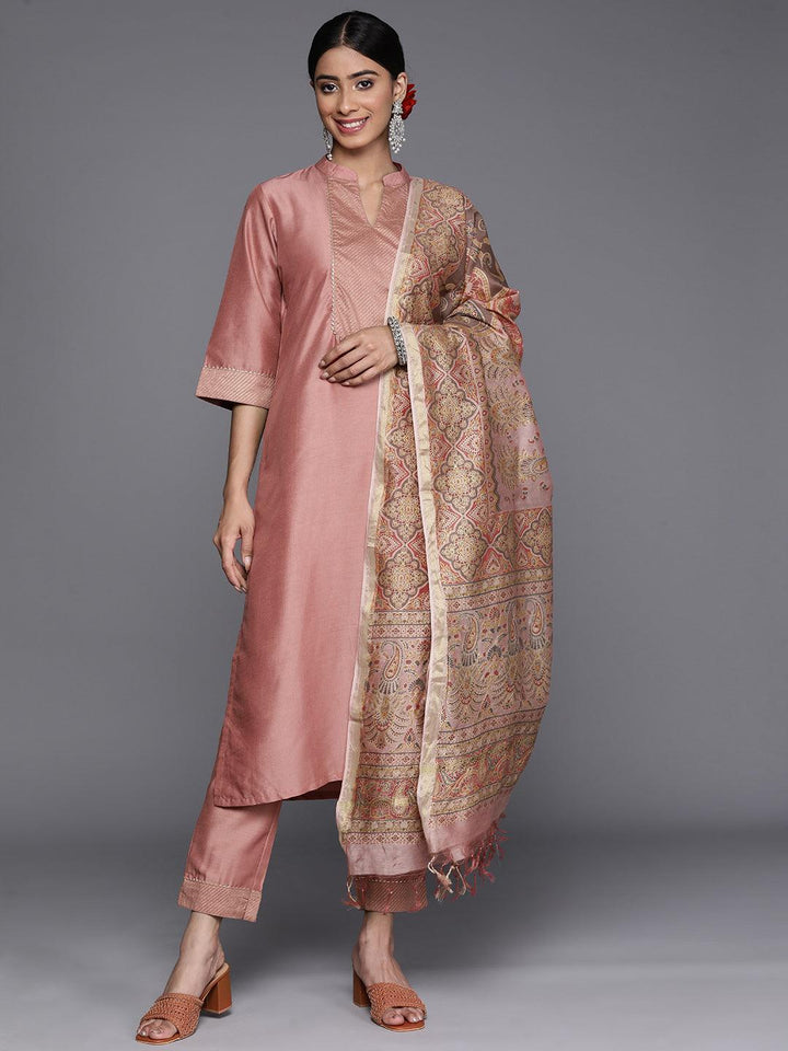 Pink Solid Silk Blend Straight Suit Set With Trousers - ShopLibas