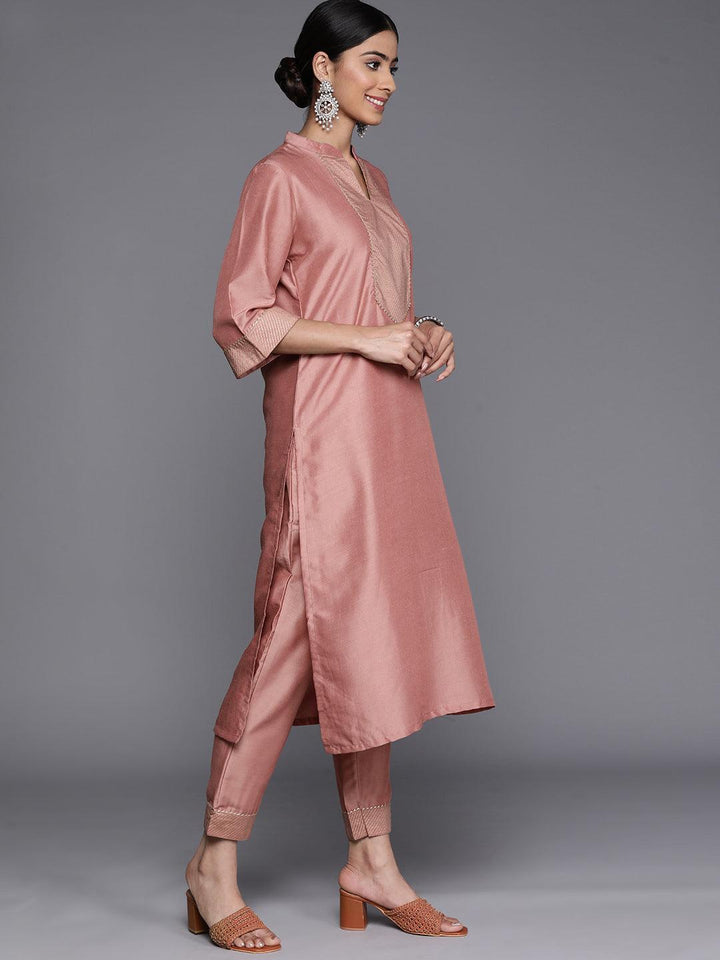 Pink Solid Silk Blend Straight Suit Set With Trousers - ShopLibas