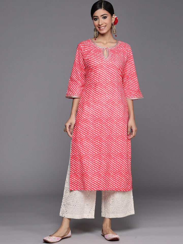 Pink Striped Cotton Straight Kurta - ShopLibas