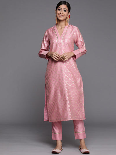 Pink Woven Design Chanderi Silk Straight Kurta - ShopLibas