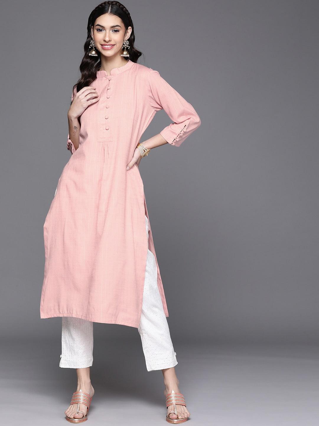 Pink Woven Design Cotton Kurta - Libas