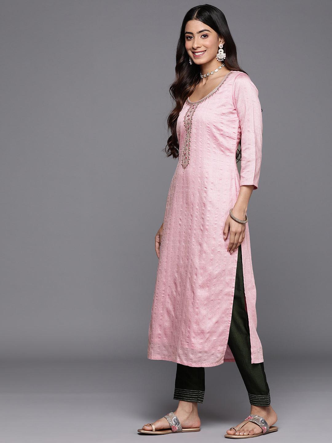 Pink Woven Design Rayon Straight Kurta - ShopLibas