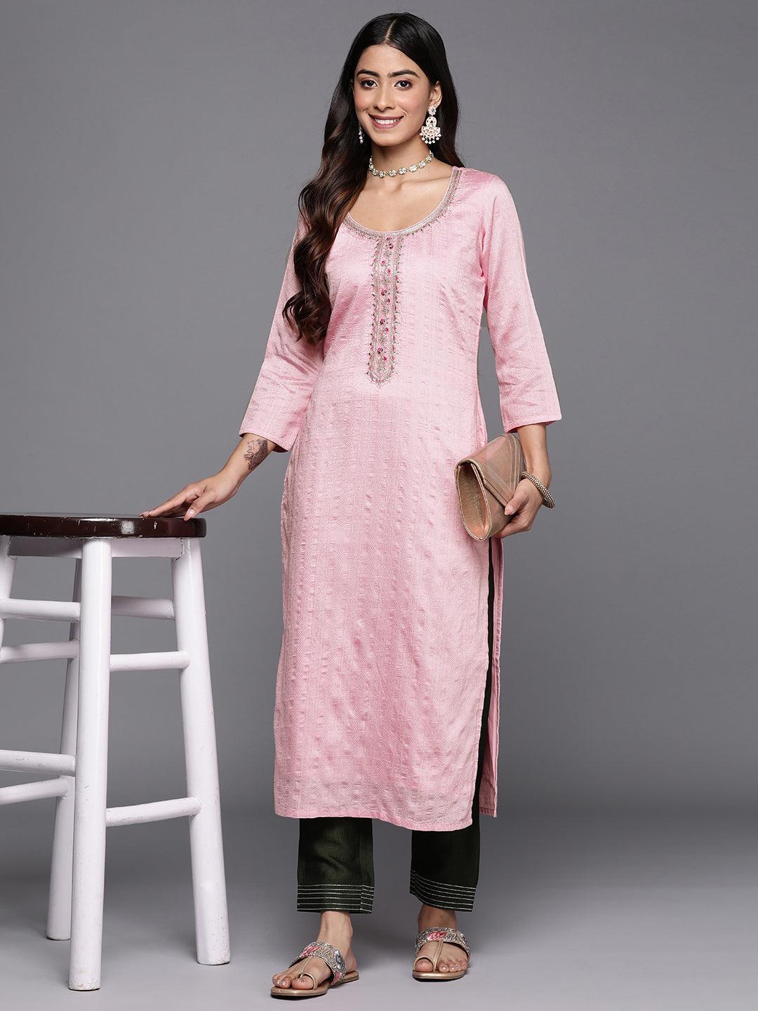 Pink Woven Design Rayon Straight Kurta - ShopLibas 