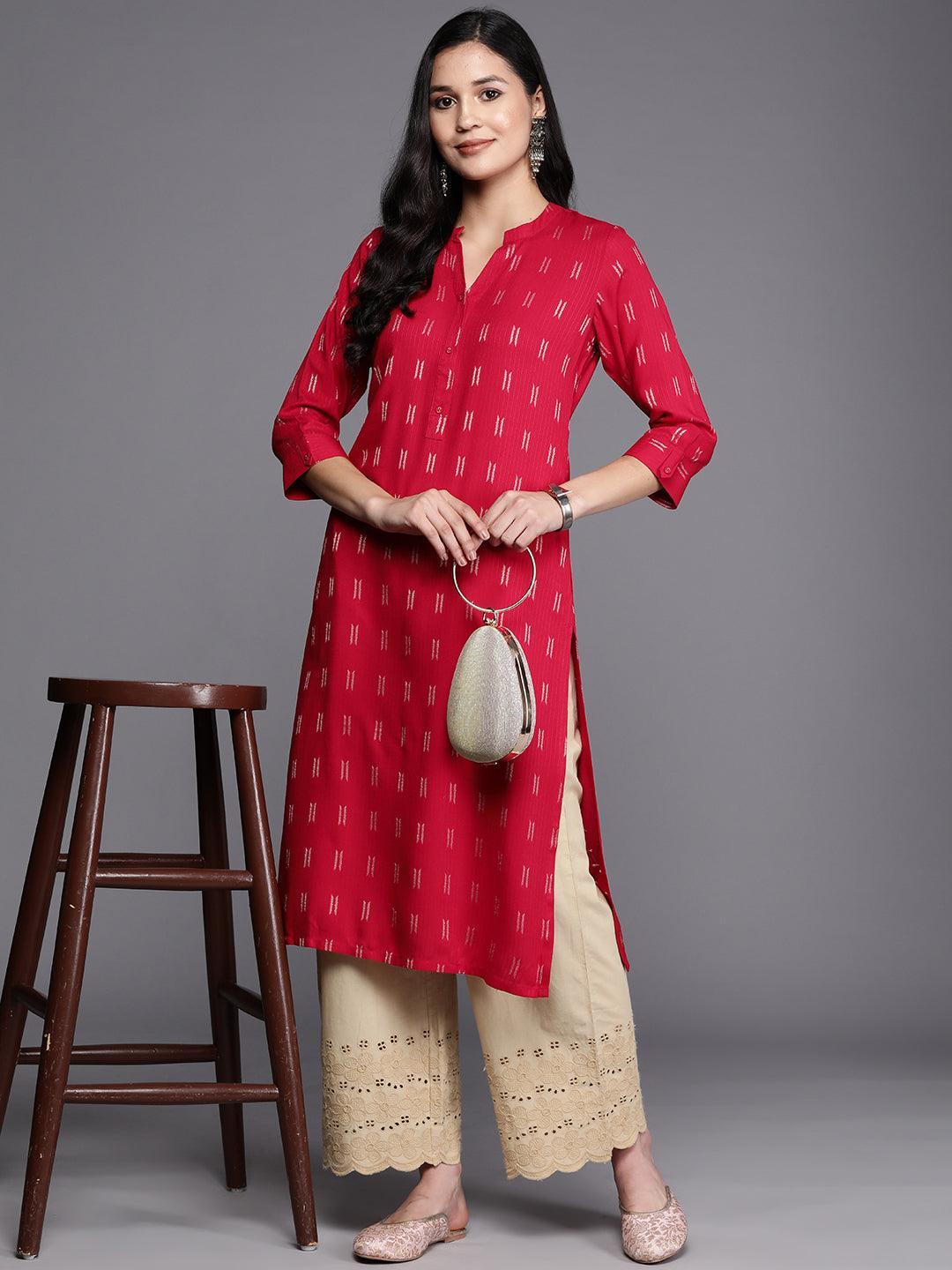 Pink Woven Design Rayon Straight Kurta - ShopLibas 