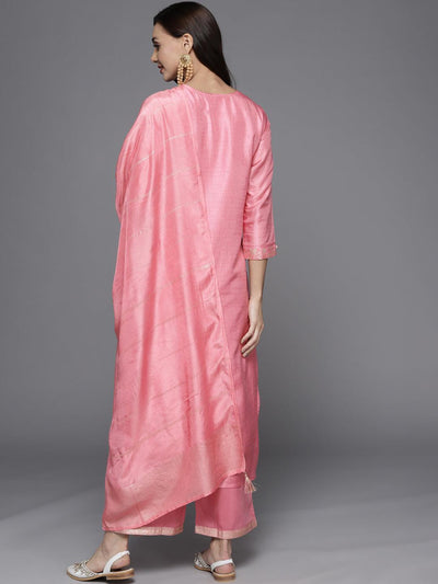 Pink Woven Design Silk Blend Straight Suit Set - ShopLibas
