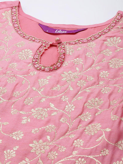 Pink Woven Design Silk Blend Straight Suit Set - ShopLibas