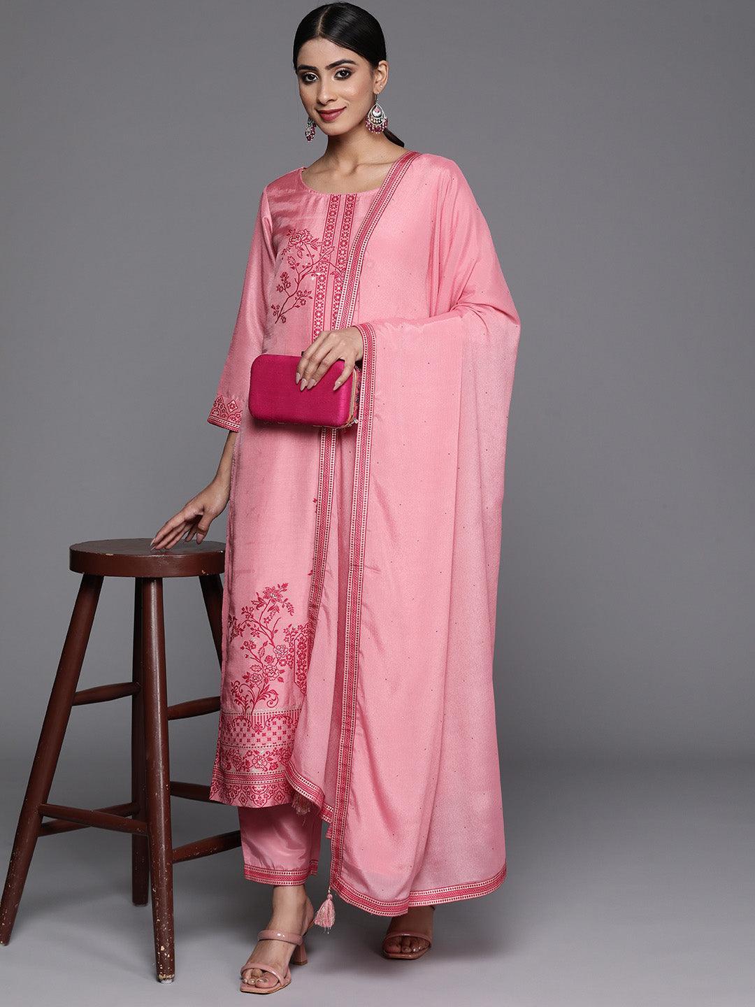 Pink Woven Design Silk Blend Straight Kurta With Trousers & Dupatta - Libas 