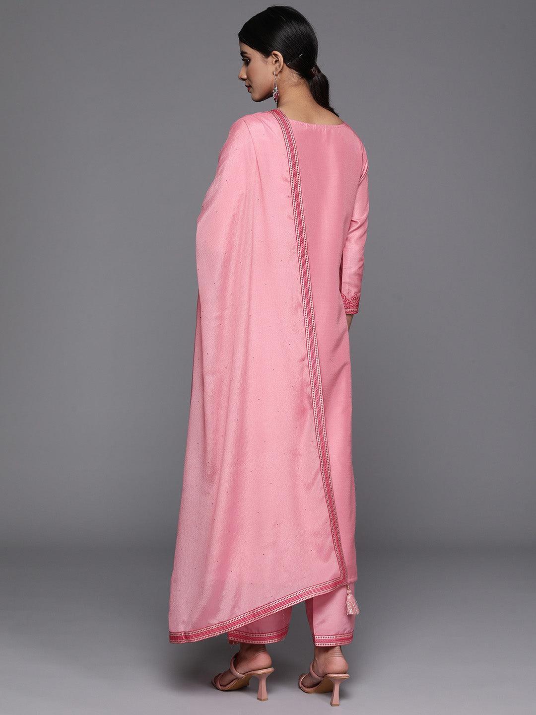Pink Woven Design Silk Blend Straight Kurta With Trousers & Dupatta - Libas 