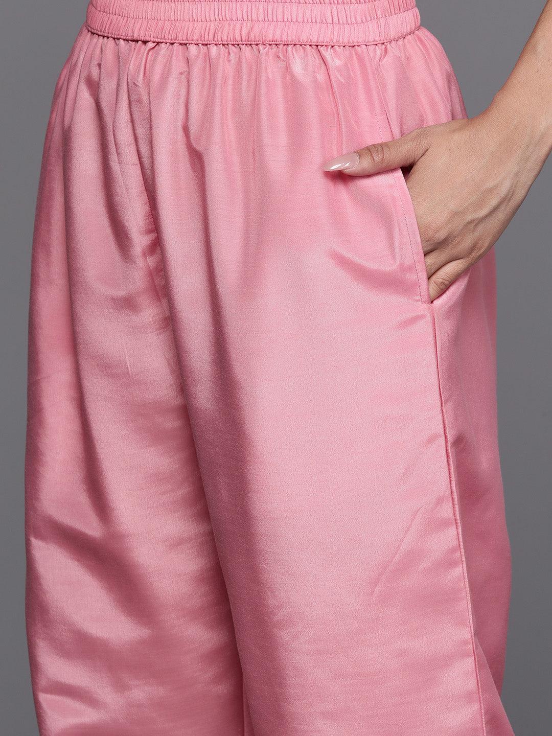 Pink Woven Design Silk Blend Straight Kurta With Trousers & Dupatta - Libas 