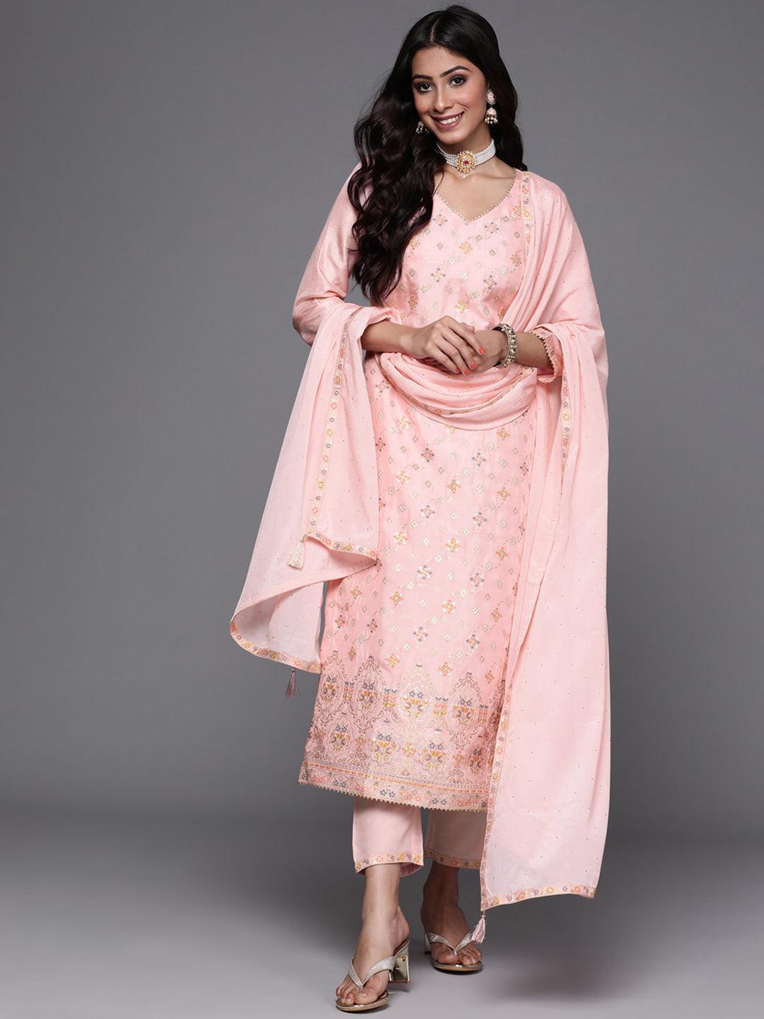 Pink Woven Design Silk Suit Set - ShopLibas