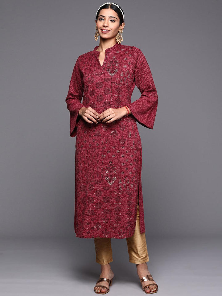 Pink Woven Design Wool Straight Kurta - ShopLibas