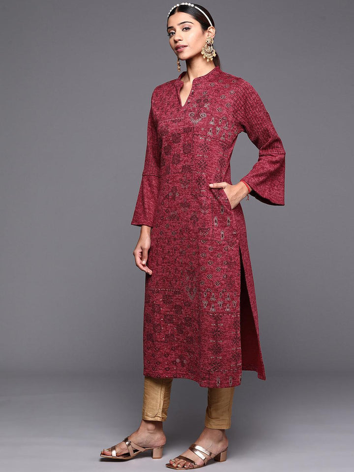 Pink Woven Design Wool Straight Kurta - ShopLibas