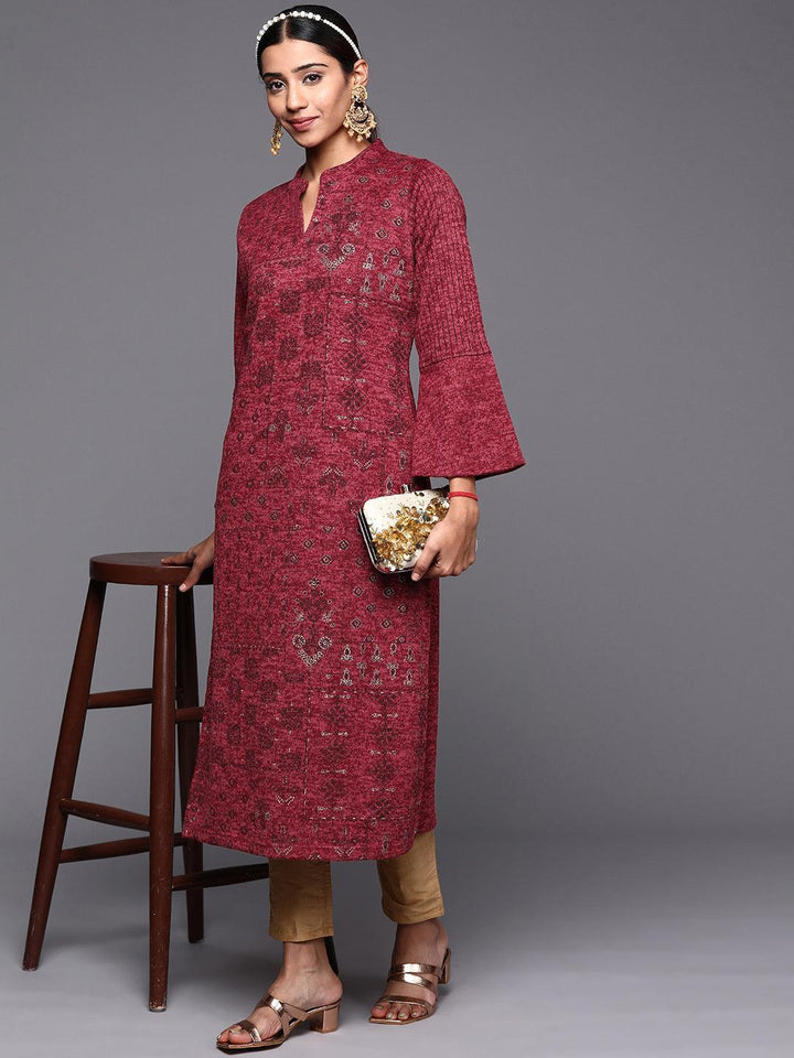 Pink Woven Design Wool Straight Kurta - ShopLibas