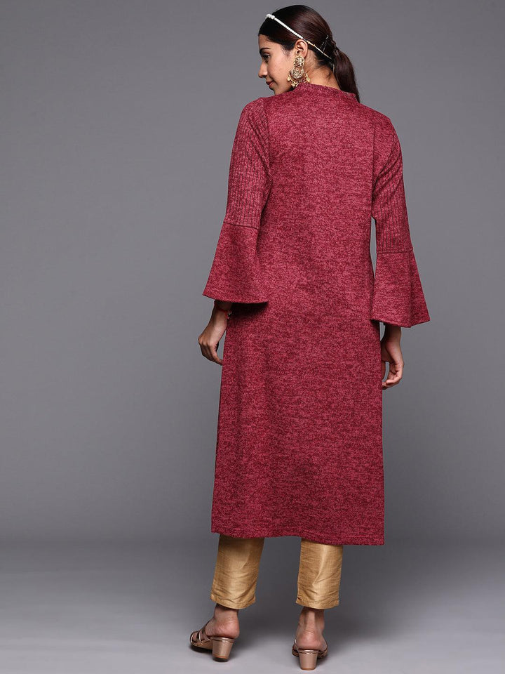 Pink Woven Design Wool Straight Kurta - ShopLibas