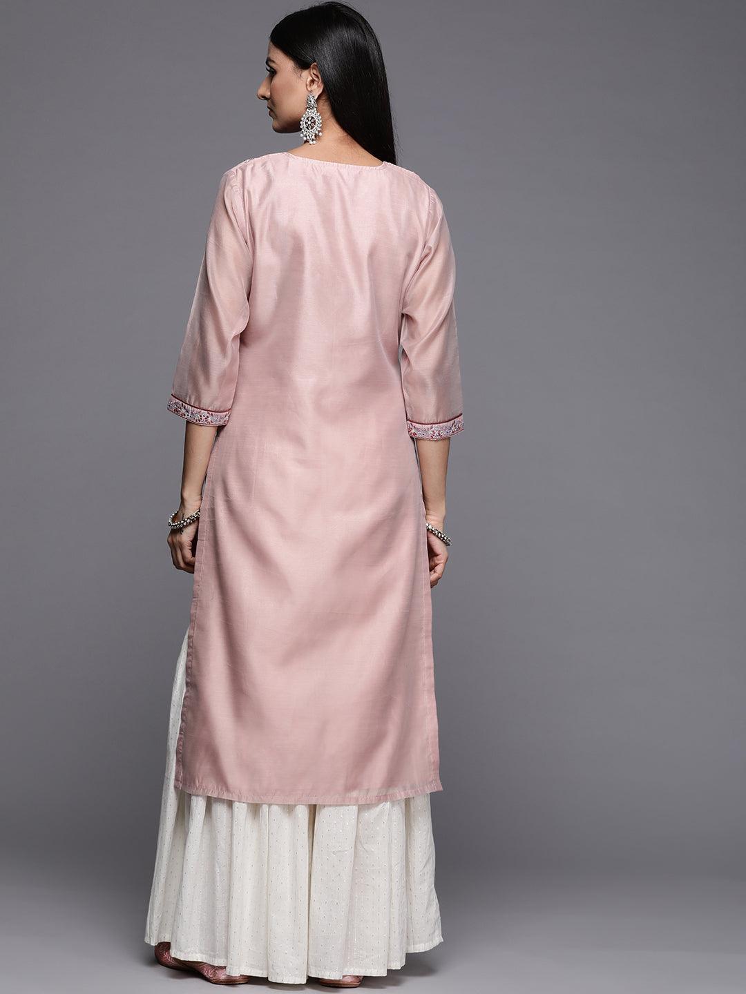 Pink Yoke Design Chanderi Cotton Straight Kurta - Libas