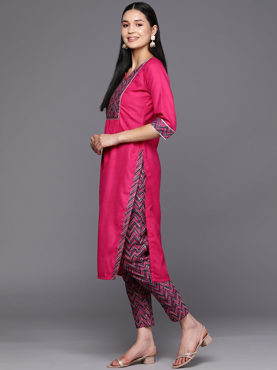 Pink Yoke Design Cotton Straight Suit Set With Trousers - ShopLibas