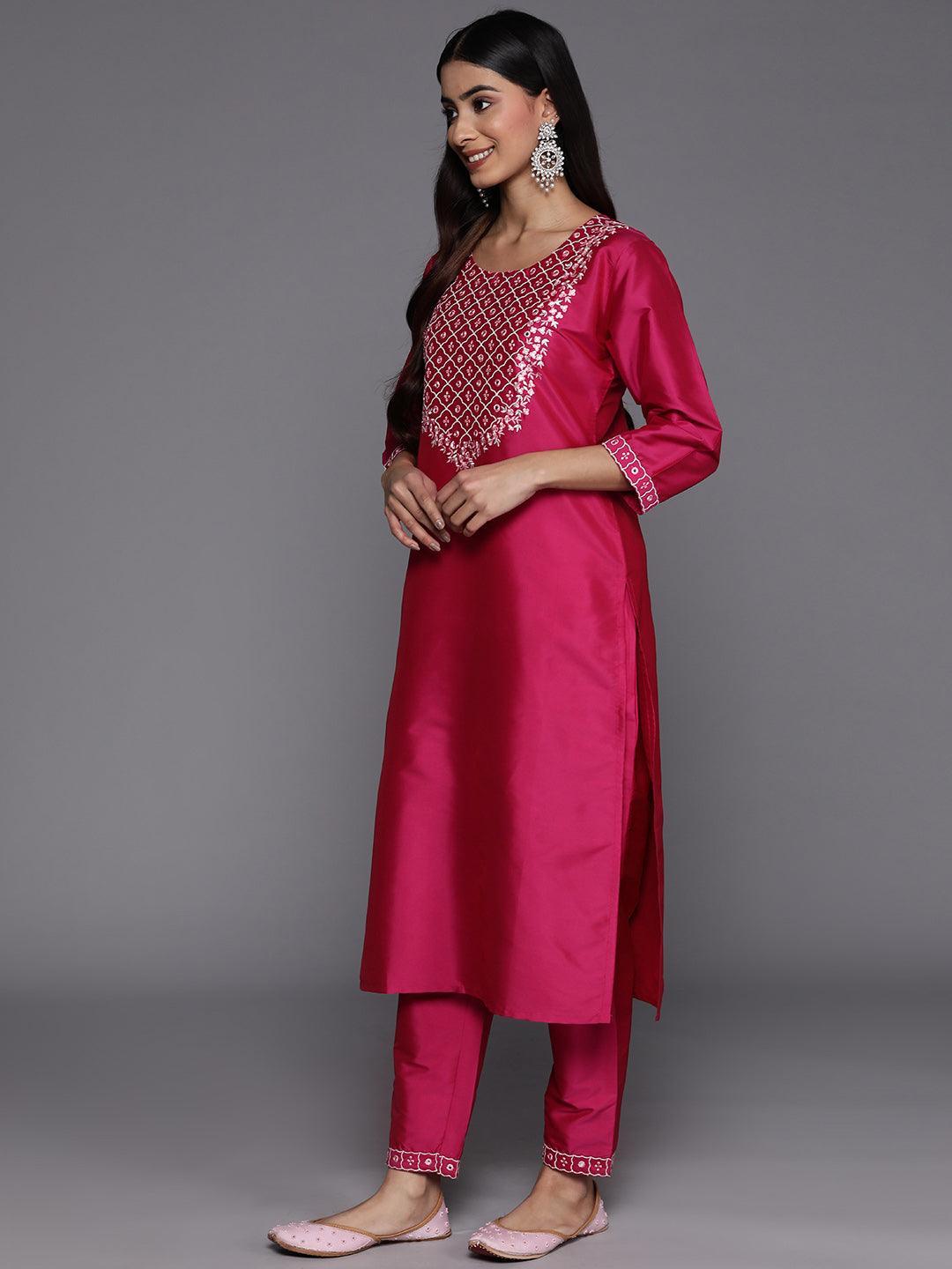 Pink Yoke Design Silk Blend Suit Set With Trousers - ShopLibas 