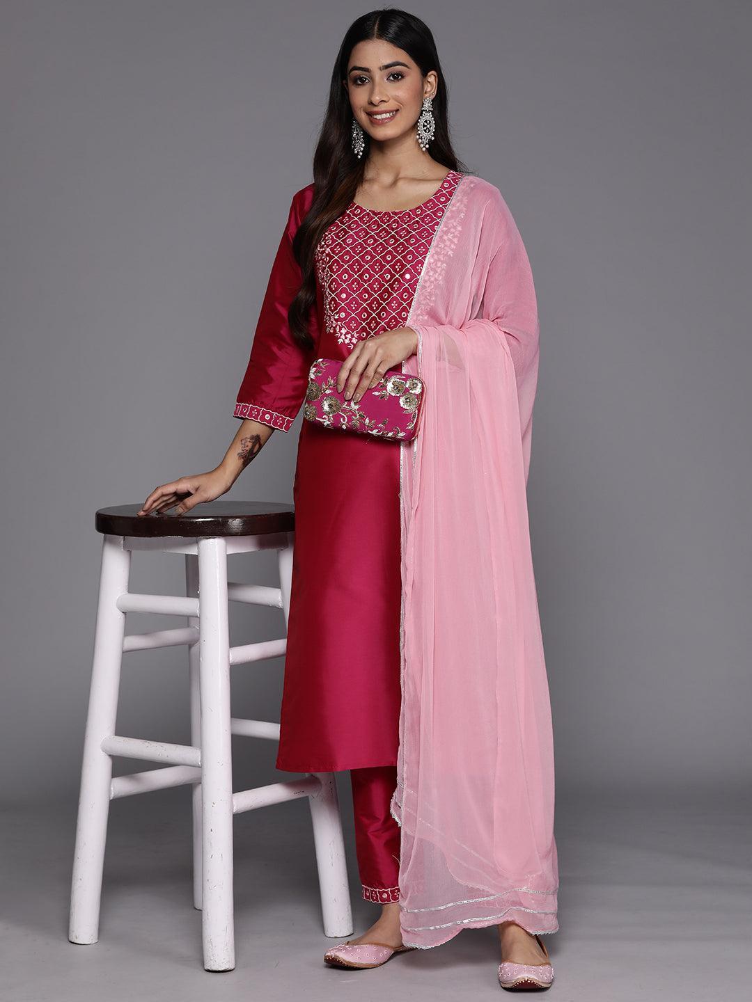 Pink Yoke Design Silk Blend Suit Set With Trousers - ShopLibas 
