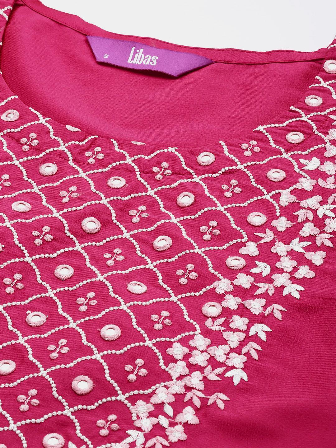 Pink Yoke Design Silk Blend Suit Set With Trousers - ShopLibas 