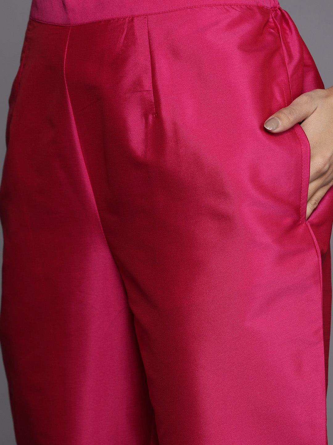 Pink Yoke Design Silk Blend Suit Set With Trousers - ShopLibas 