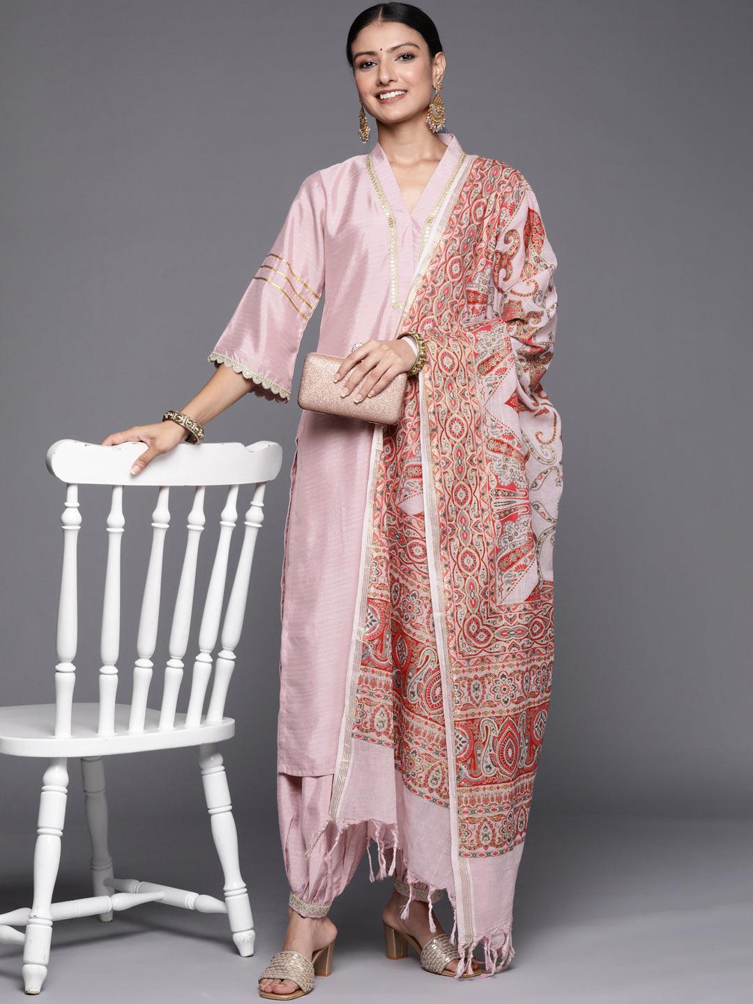 Pink Yoke Design Silk Blend Straight Suit Set - ShopLibas