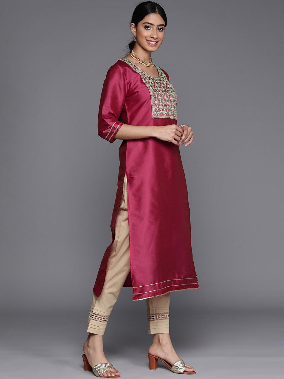 Pink Yoke Design Silk Straight Kurta - Libas 