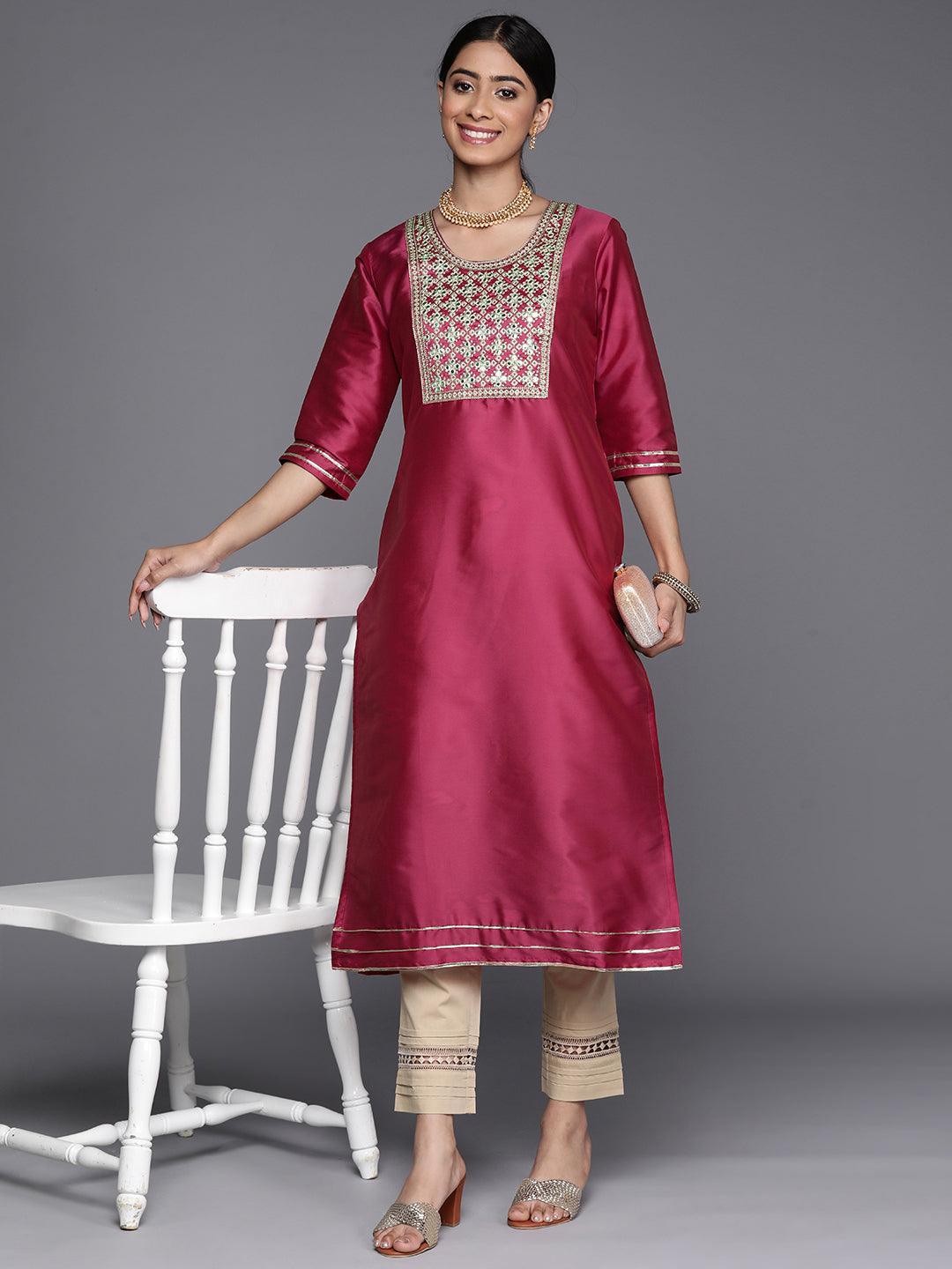 Pink Yoke Design Silk Straight Kurta - Libas 