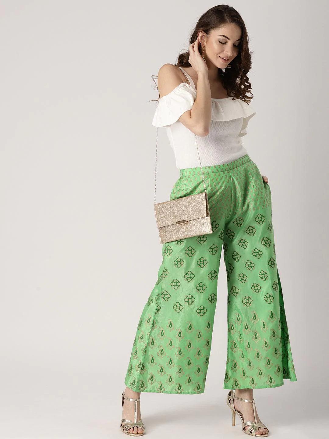 Green Printed Polyester Palazzos - ShopLibas 