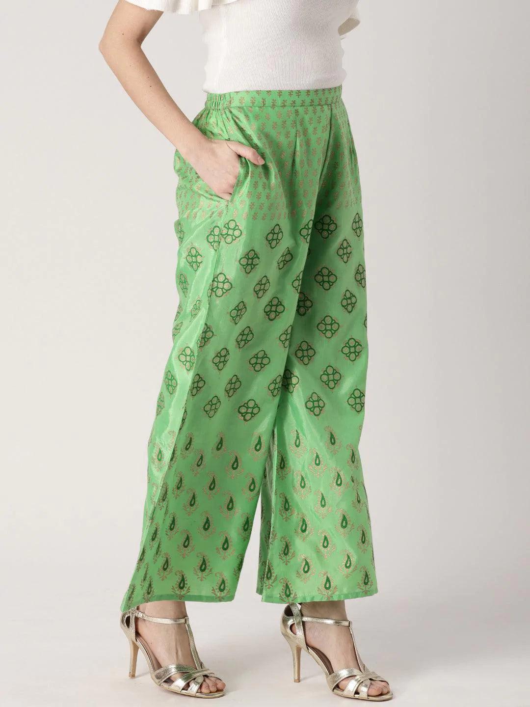 Green Printed Polyester Palazzos - ShopLibas 